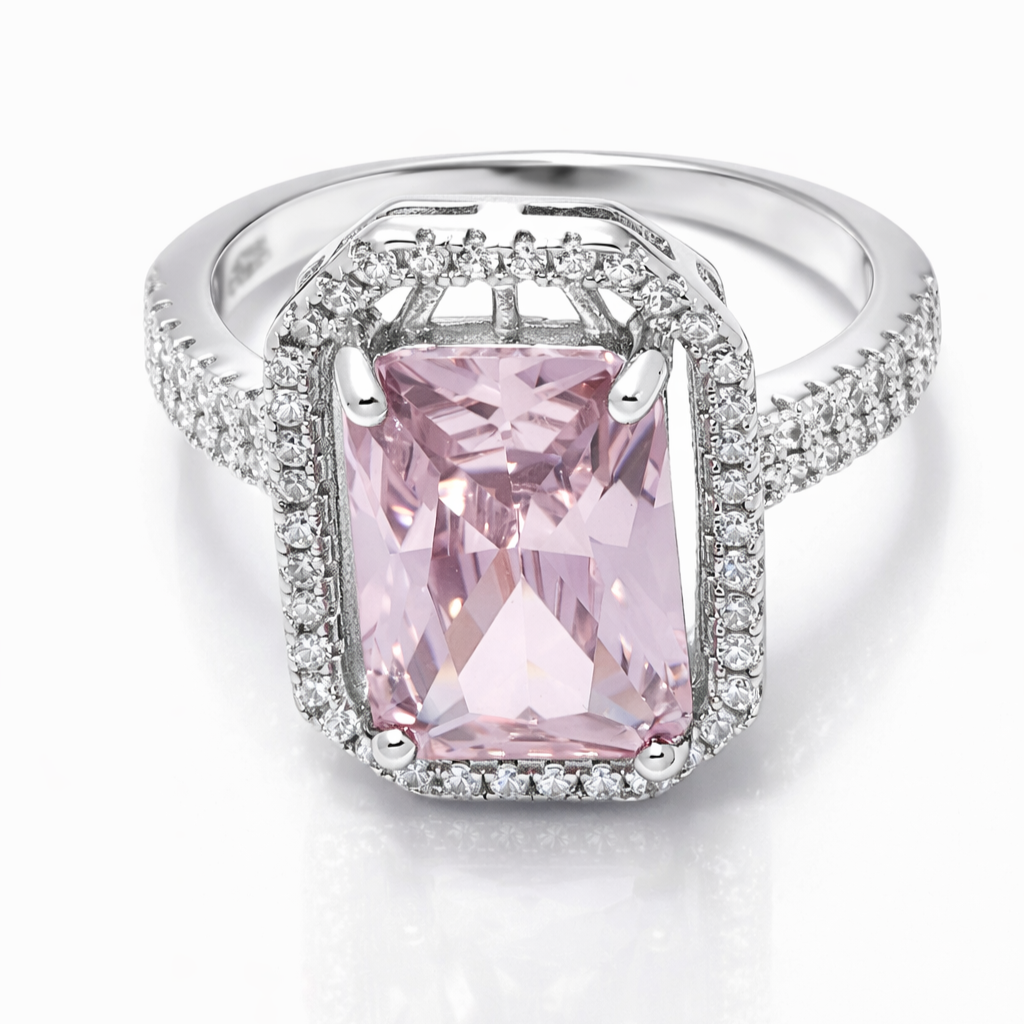 Radiant Pink Emerald-Cut Halo Sterling Silver Ring