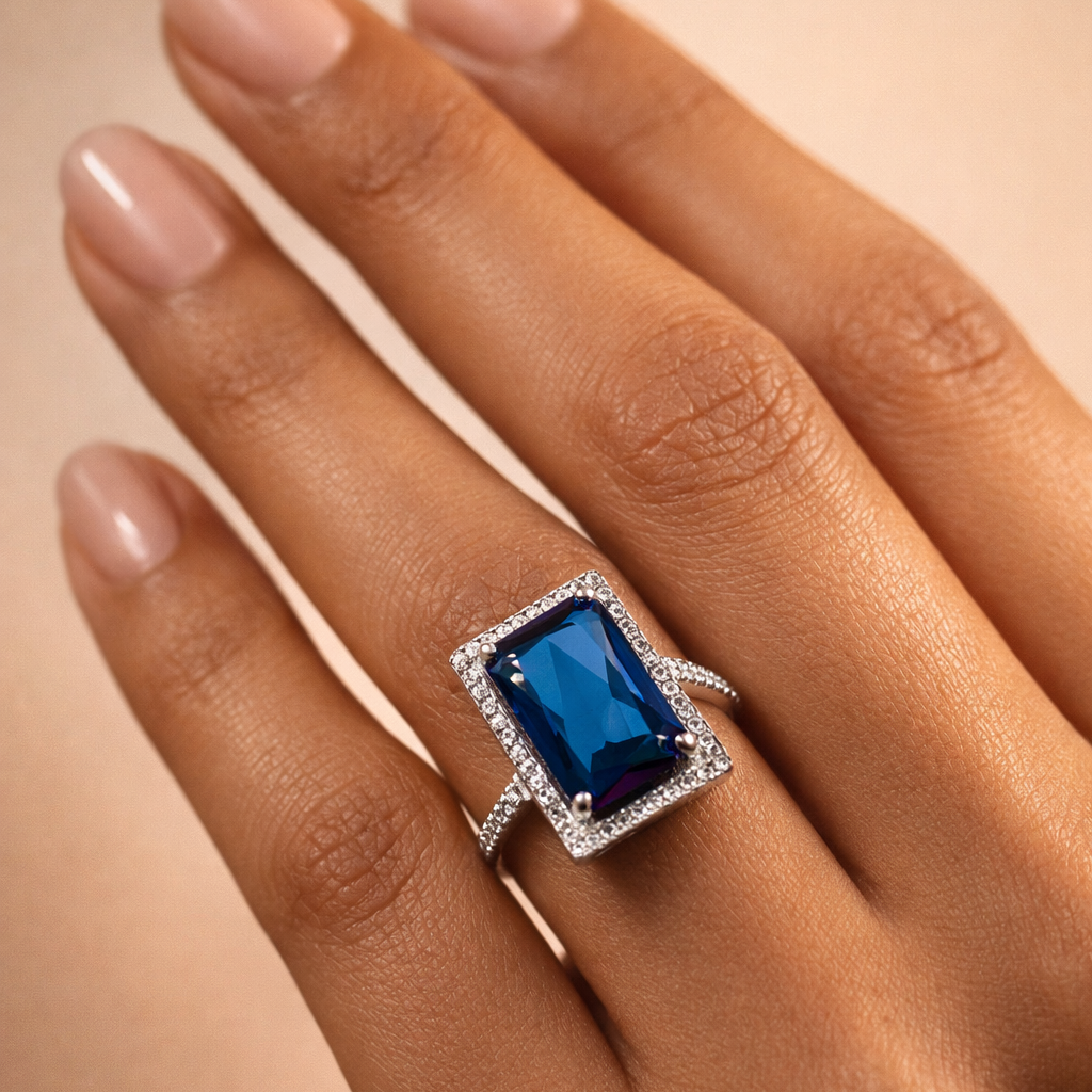 Blue Emerald-Cut Halo Sterling Silver Statement Ring