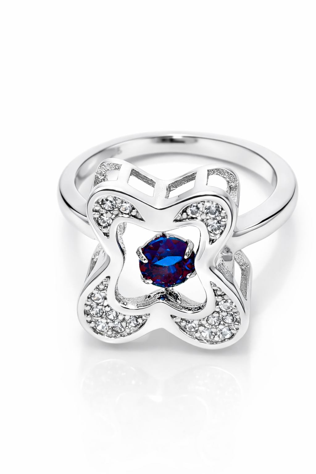 IYAMY 925 Hallmarked Sterling Silver Blue Floral Halo Designer Ring