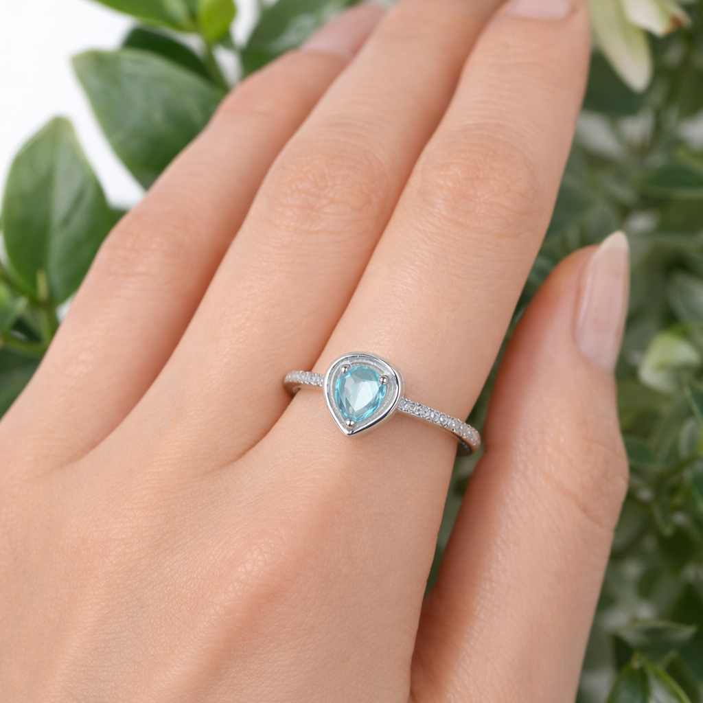 Pear-Cut Aqua Blue Halo silver Ring for Women