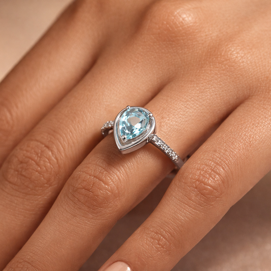 Pear-Cut Aqua Blue Halo silver Ring for Women