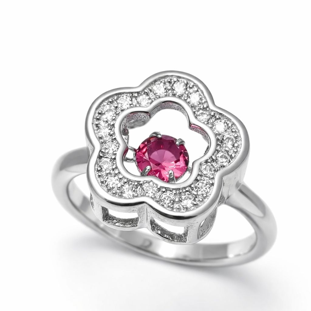Pink Tilting Stone Floral Halo Sterling Silver Ring for Women
