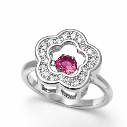 Pink Tilting Stone Floral Halo Sterling Silver Ring for Women
