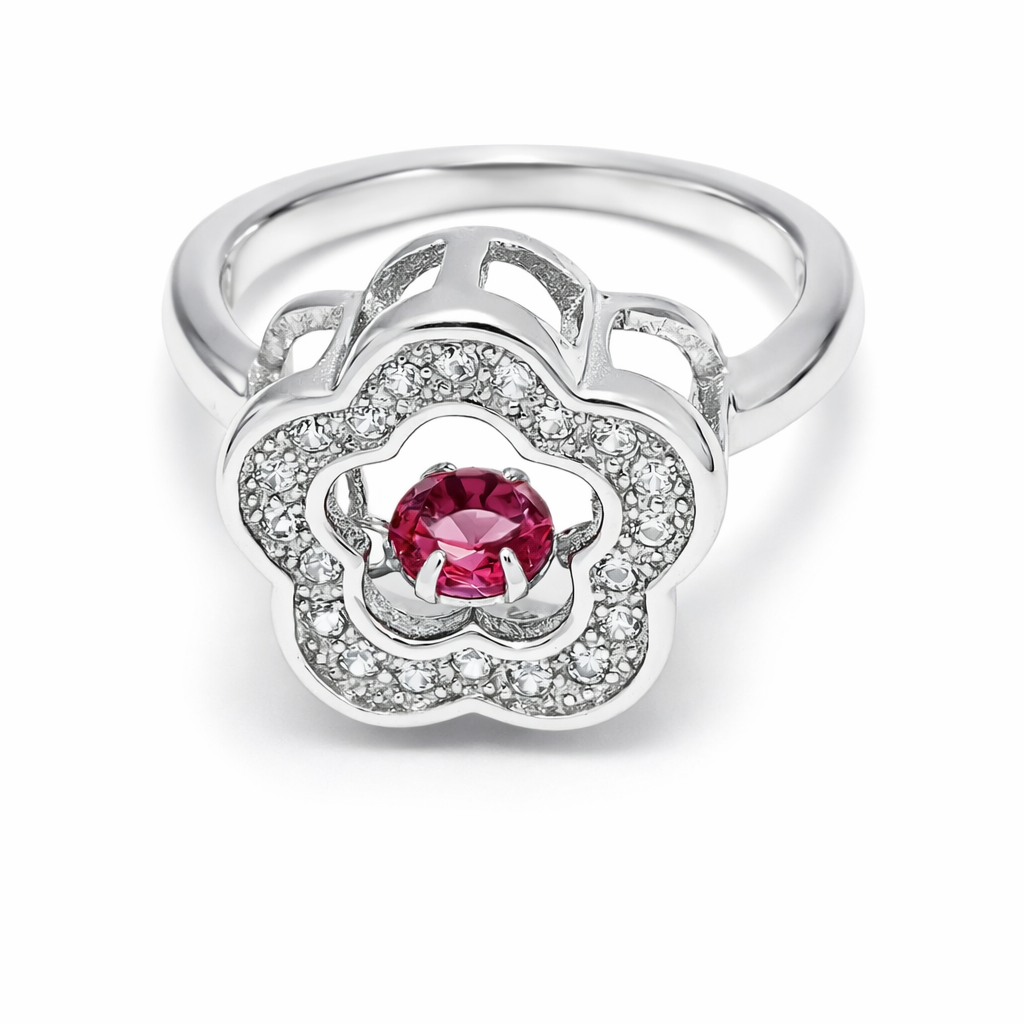 Pink Tilting Stone Floral Halo Sterling Silver Ring for Women