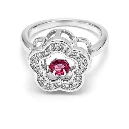 Pink Tilting Stone Floral Halo Sterling Silver Ring for Women