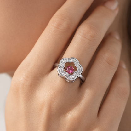 Pink Tilting Stone Floral Halo Sterling Silver Ring for Women