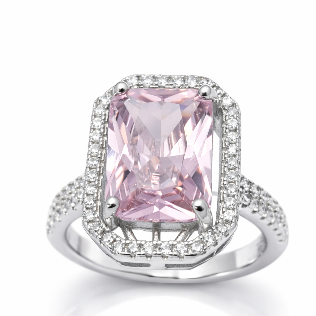 Radiant Pink Emerald-Cut Halo Sterling Silver Ring