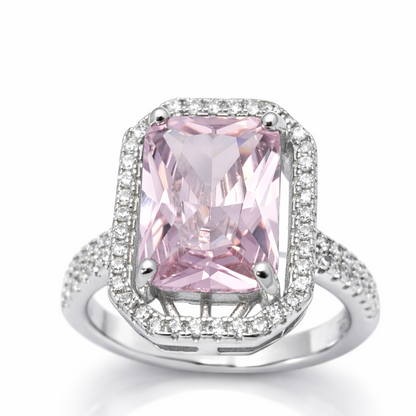 Radiant Pink Emerald-Cut Halo Sterling Silver Ring