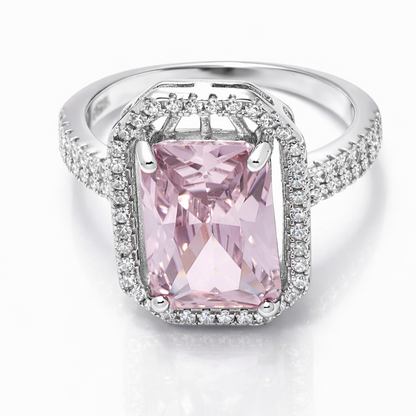 Radiant Pink Emerald-Cut Halo Sterling Silver Ring