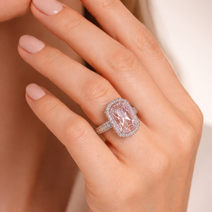 Radiant Pink Emerald-Cut Halo Sterling Silver Ring