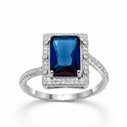Blue Emerald-Cut Halo Sterling Silver Statement Ring