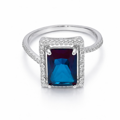 Blue Emerald-Cut Halo Sterling Silver Statement Ring