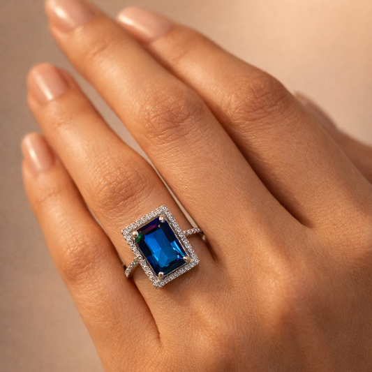Blue Emerald-Cut Halo Sterling Silver Statement Ring