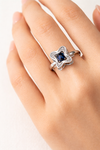 IYAMY 925 Hallmarked Sterling Silver Blue Floral Halo Designer Ring