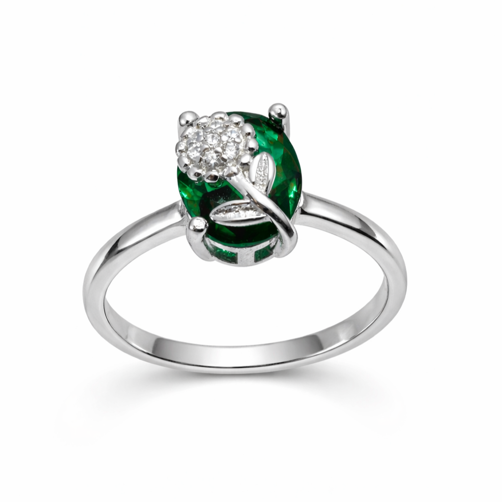 IYAMY 925 Hallmarked Sterling Silver Emerald Green Floral Gemstone Ring