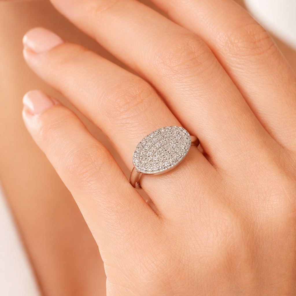 925 Sterling Silver Oval Pavé Halo Statement Ring