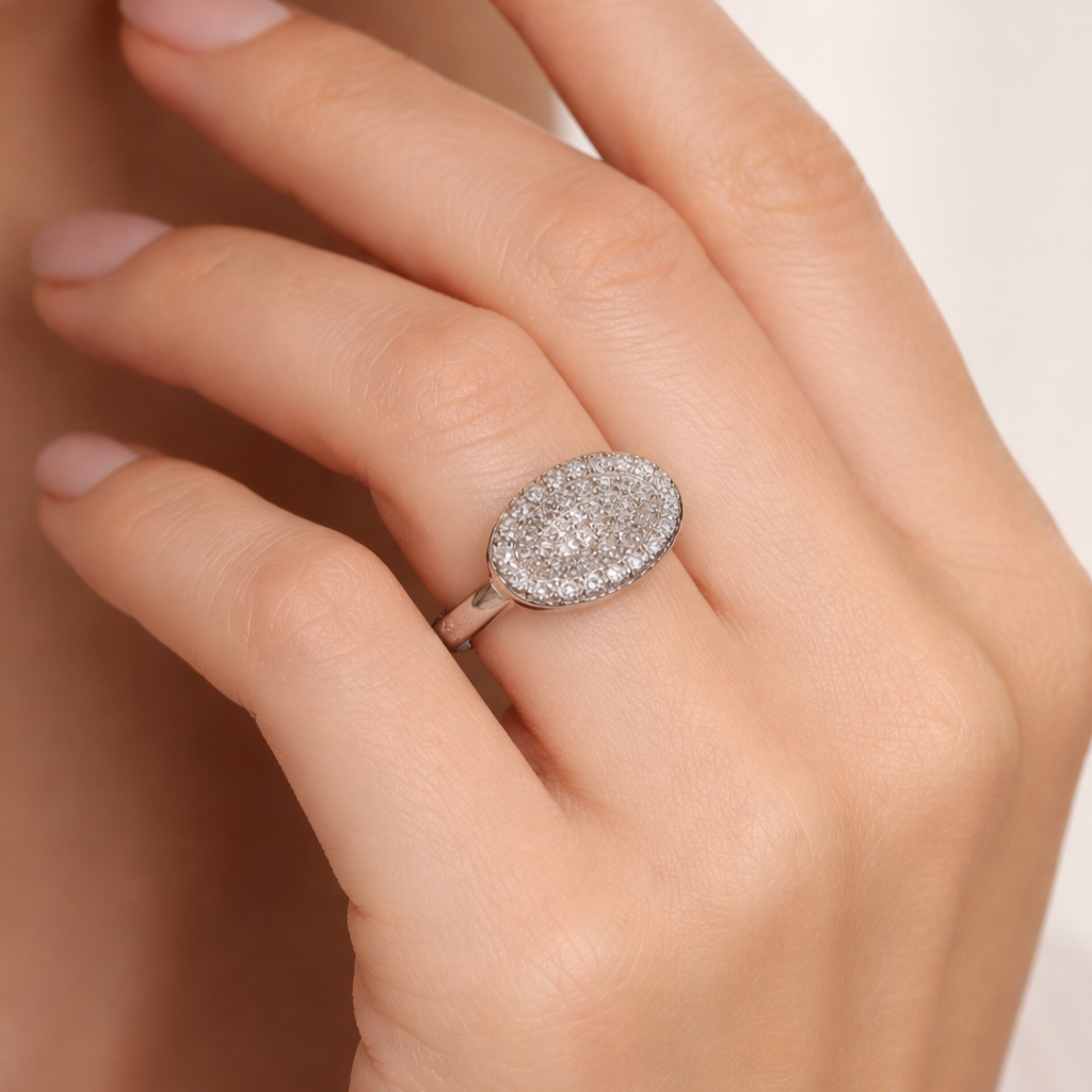 925 Sterling Silver Oval Pavé Halo Statement Ring