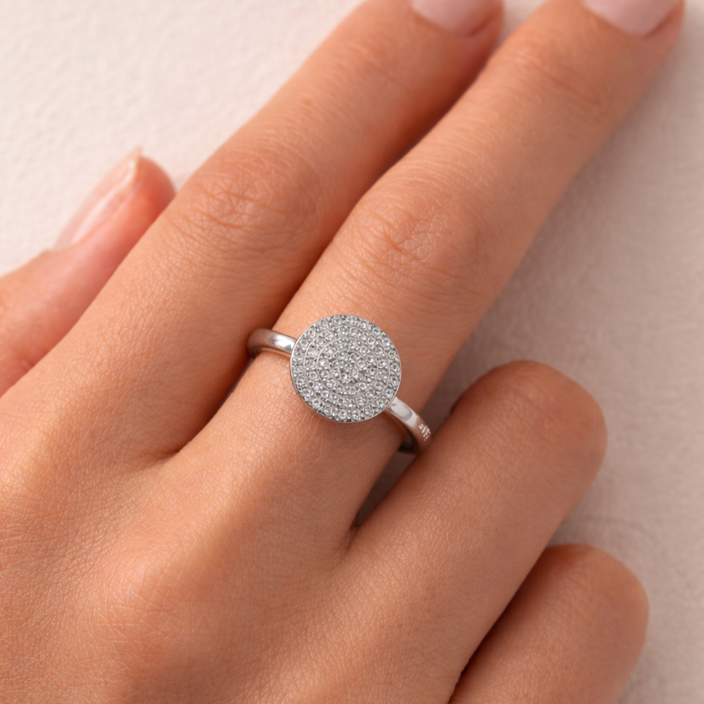 925 Sterling Silver Round Pavé Disc Ring