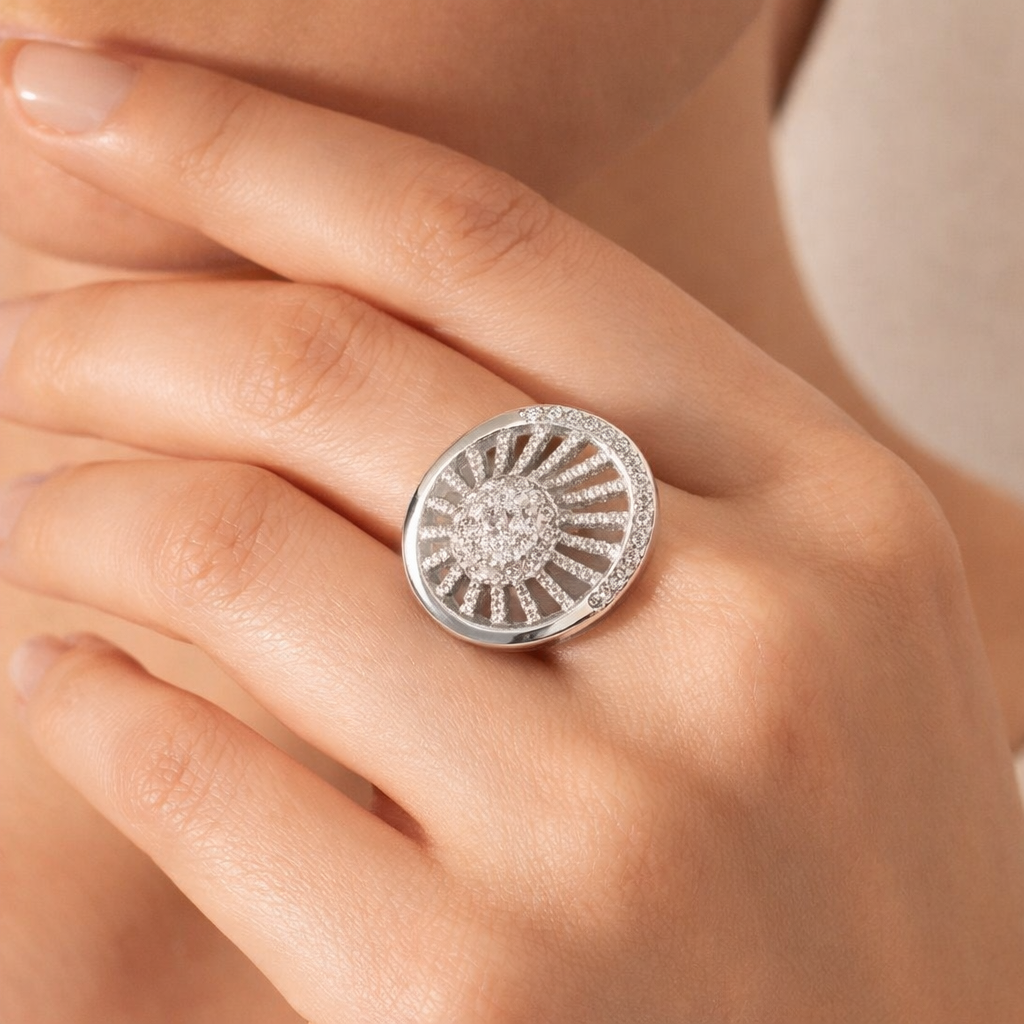 925 Sterling Silver Radiant Sunburst Pave Ring