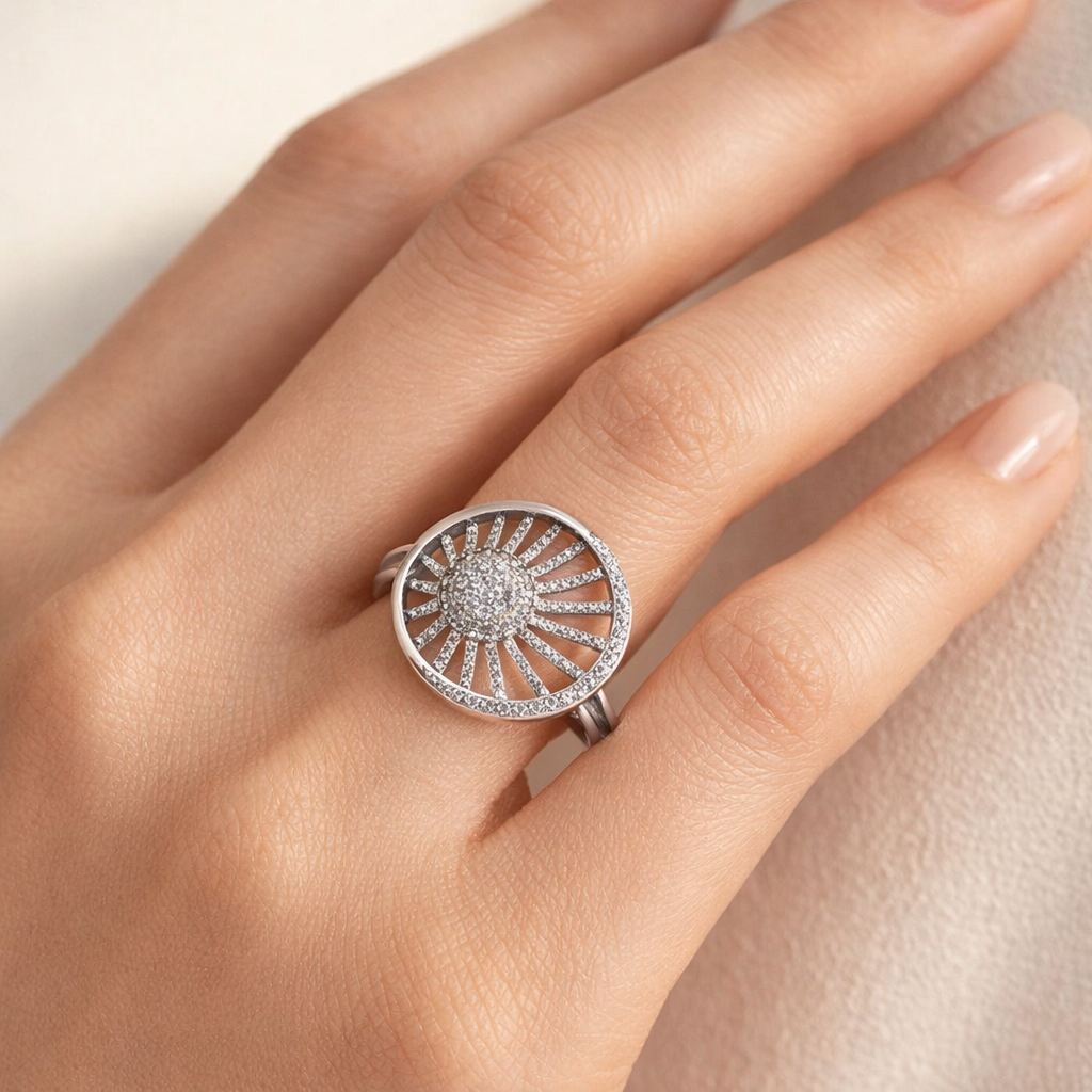 925 Sterling Silver Radiant Sunburst Pave Ring