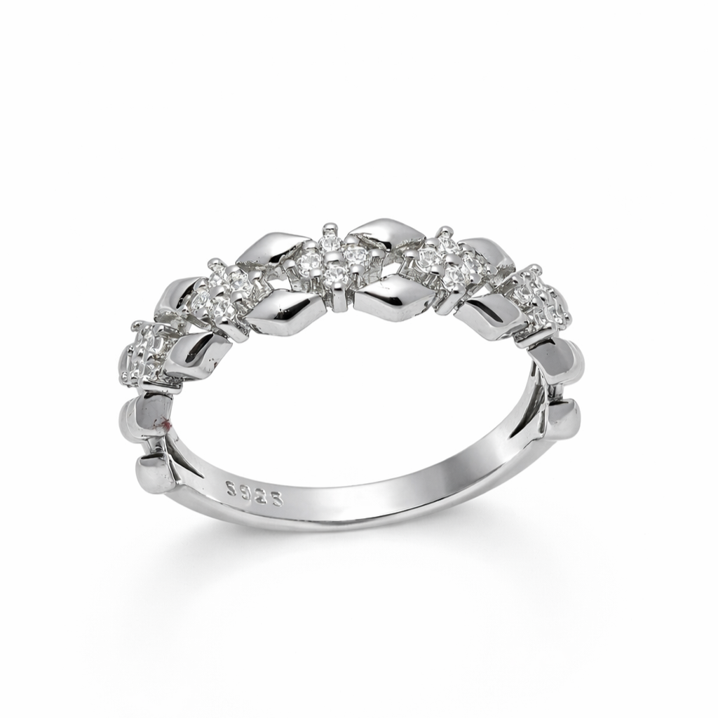 IYAMY 925 Hallmarked Sterling Silver Diamond-Style Floral Band Ring
