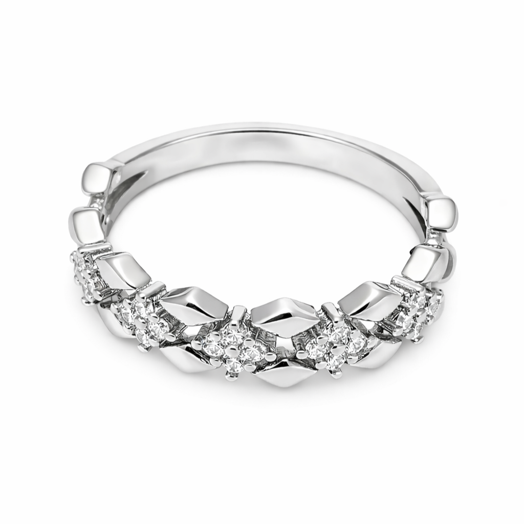 IYAMY 925 Hallmarked Sterling Silver Diamond-Style Floral Band Ring
